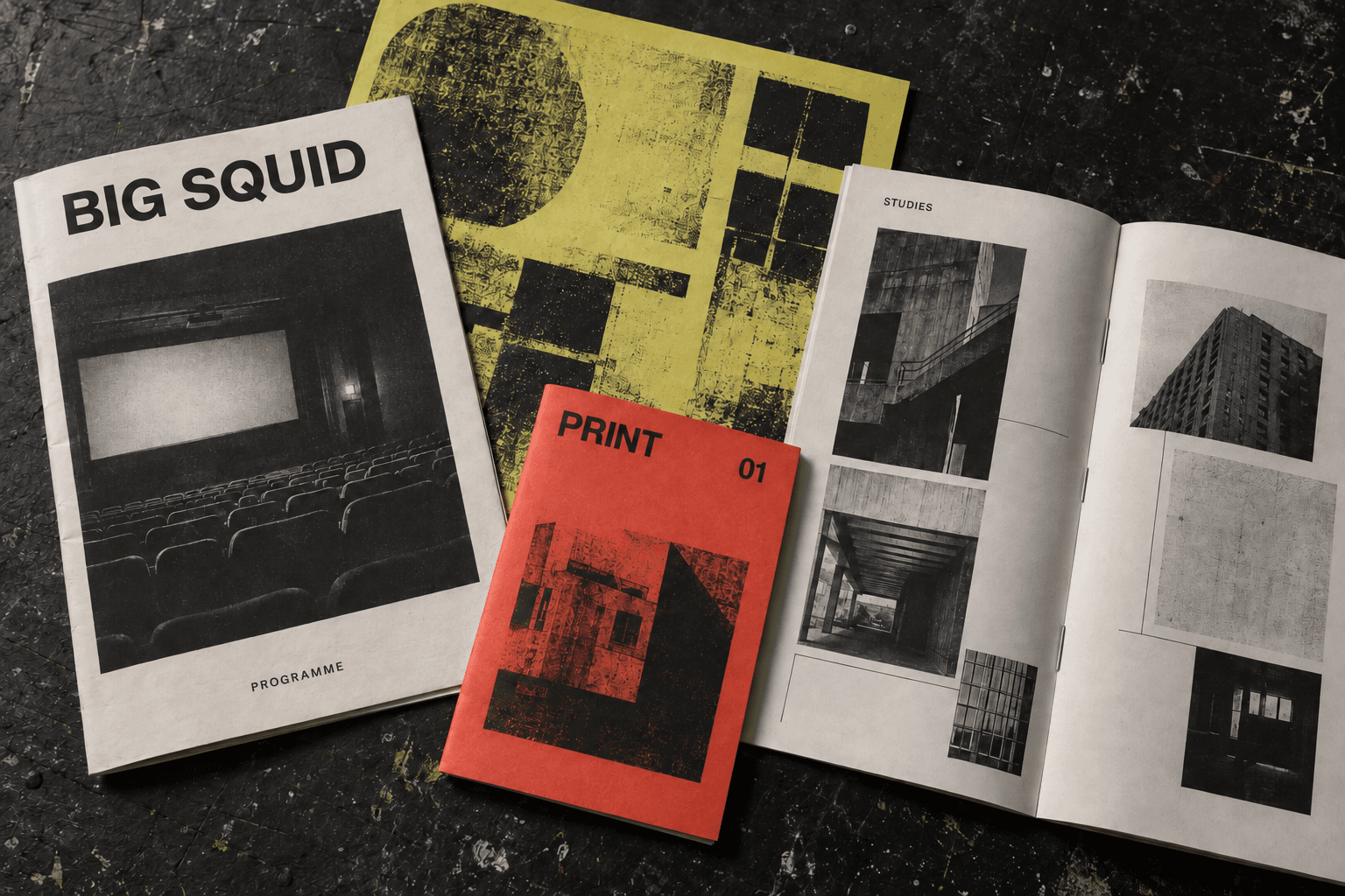 Programmes, photographic prints and abstract studies on off-white, yellow and vermilion paper