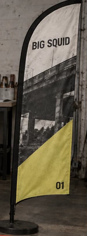 Example artwork for feather flags; stock and finish follow the selected specification
