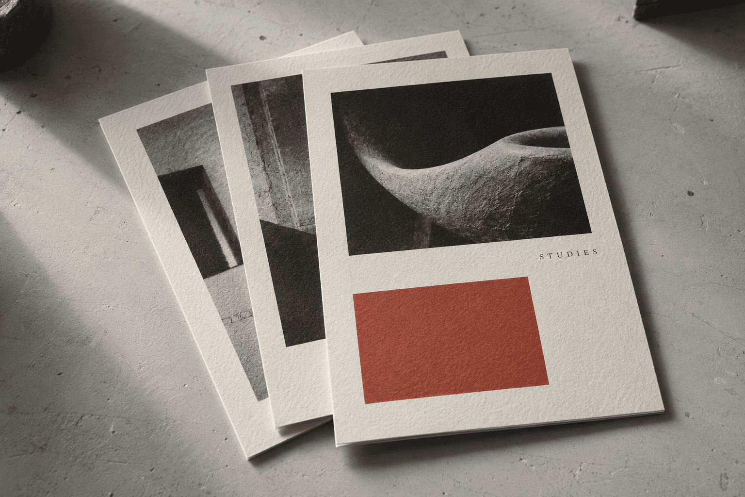 Printed art flyers with textured cream paper and visible stock edges; example artwork, final paper follows the selected specification