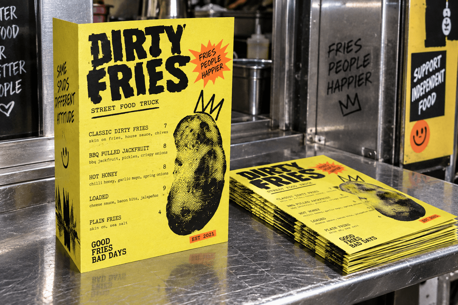 Folded print for street-food menus, takeaway lists and local guides.